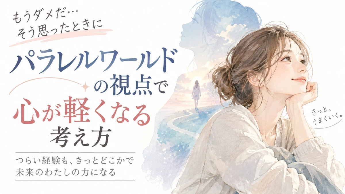 パラレルワールドの視点で心が軽くなる考え方。空と道を背景に、頰づえをついて微笑む女性のイラスト